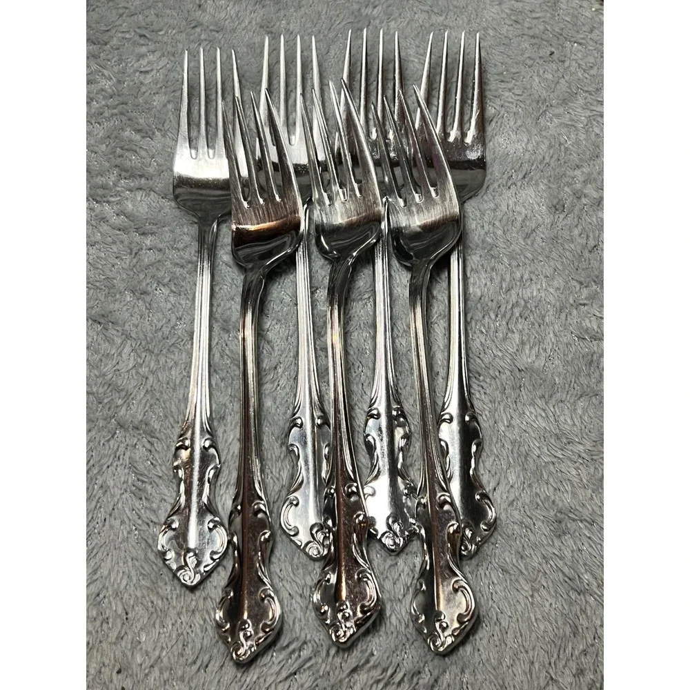 Vintage Eldan Japan Ornate Rococo Stainless Dinner Forks Set of 7 Elegant